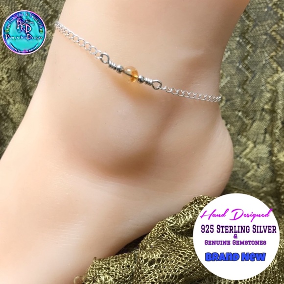 Citrine Sterling Silver Ankle Bracelet- Golden Citrine Anklet - Picture 1 of 7